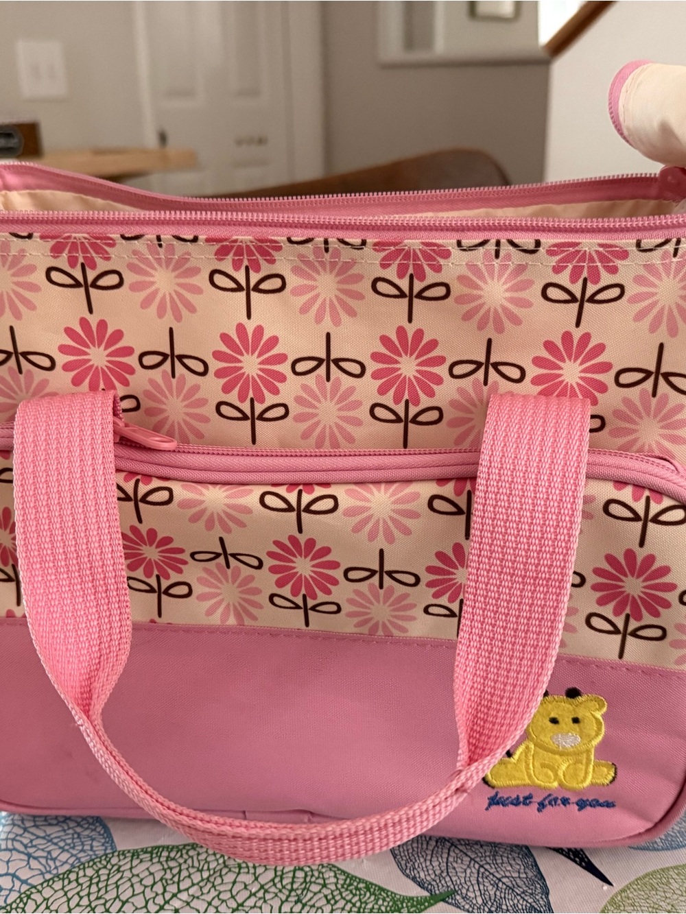Small- Pink Floral Diaper Bag with Embroidered Bear, comes with bottle holder